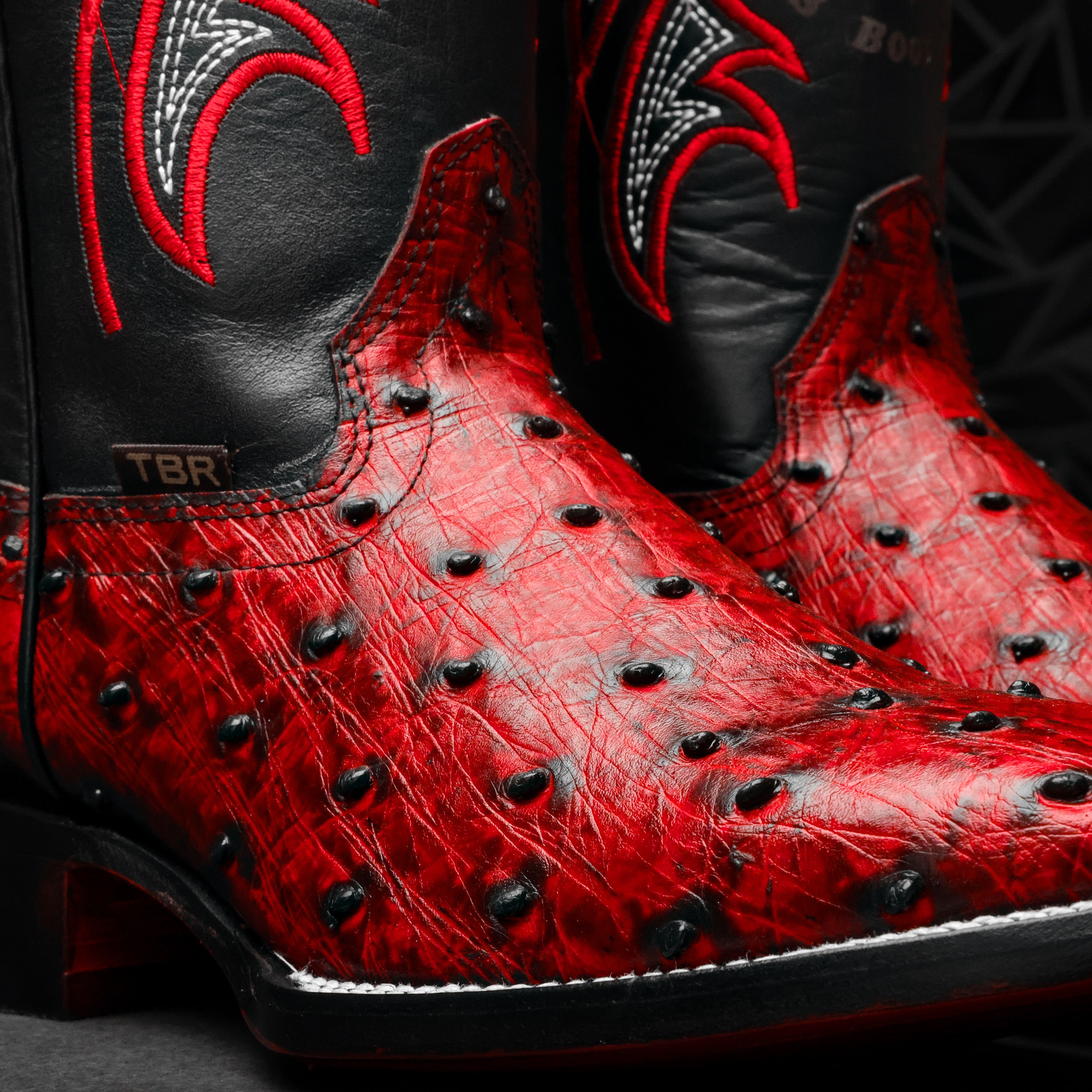 Black Cherry Ostrich Leather Boots - Square Toe