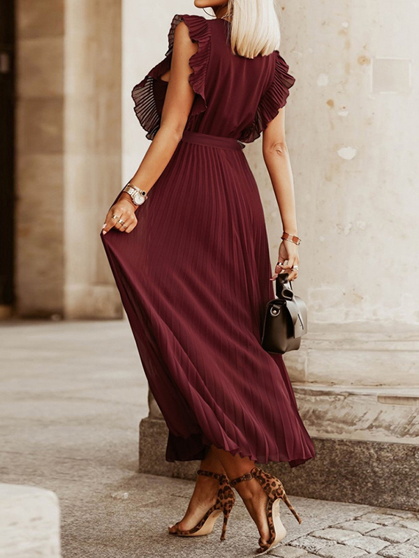 Floral Pleated Solid Color Split-Joint Tied Waist Loose Sleeveless V-Neck Maxi Dresses