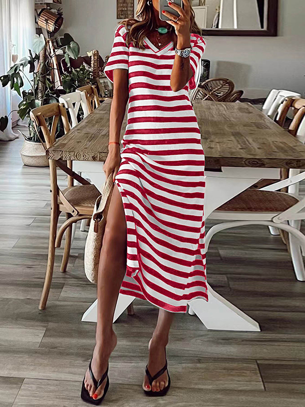 Printed Split-Side Striped A-Line Loose V-Neck Midi Dresses