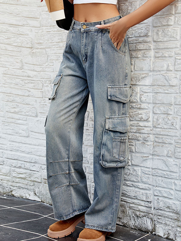Pleated Pockets Split-Joint Loose Jean Pants Bottoms