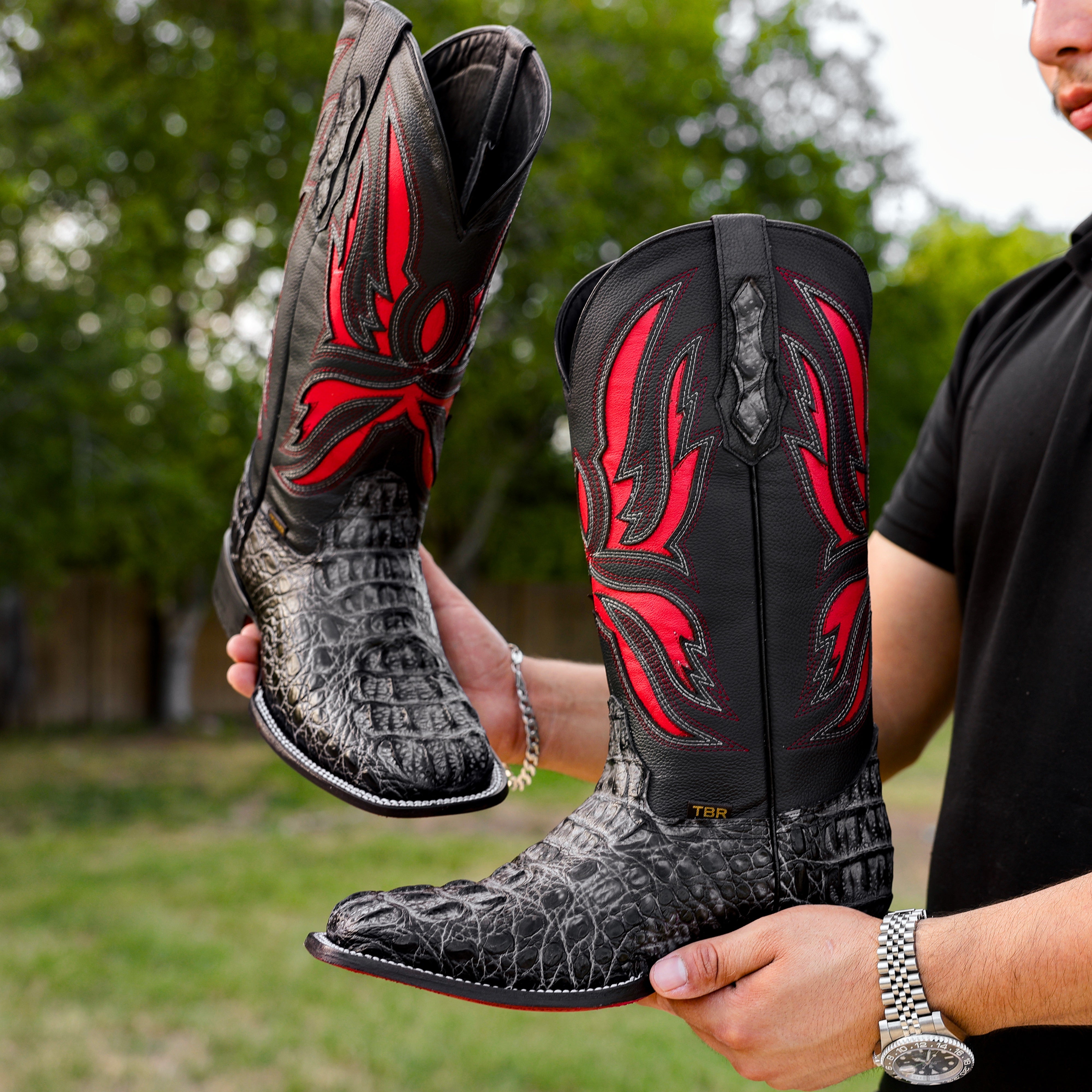 Midnight Grey Caiman Neck Leather Boots - Square Toe