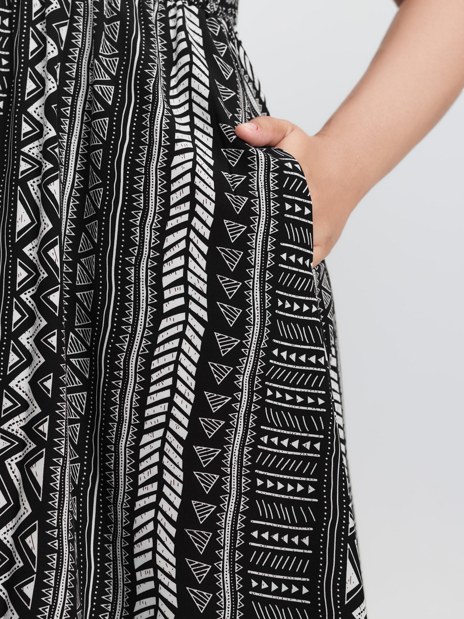 Monochrome Striped Shirred Wide-Straps Midi Dress