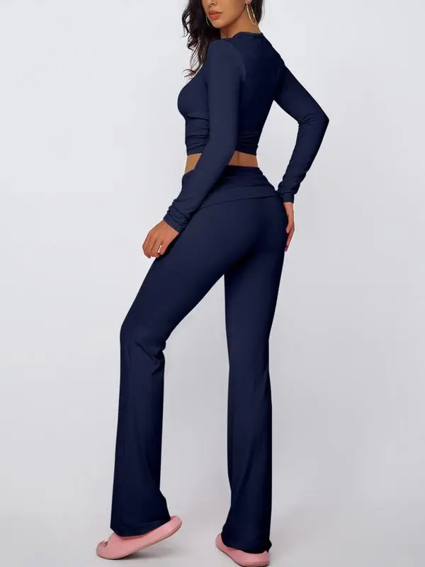 Casual Longsleeves Crop Tee & Fold Over Waist Flare Leg Pants Set