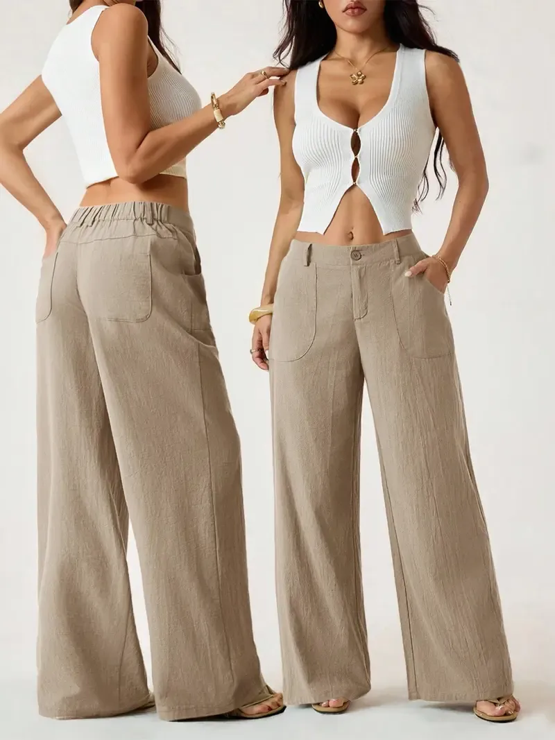 Women's Classic Linen Wide-Leg Pants — Flowy, Wide-Straight Beach Trousers for Summer (With Pockets)