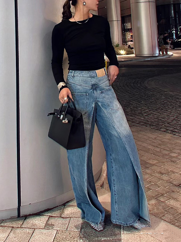 Pockets Reversible False Two Wide Leg Jean Pants Bottoms