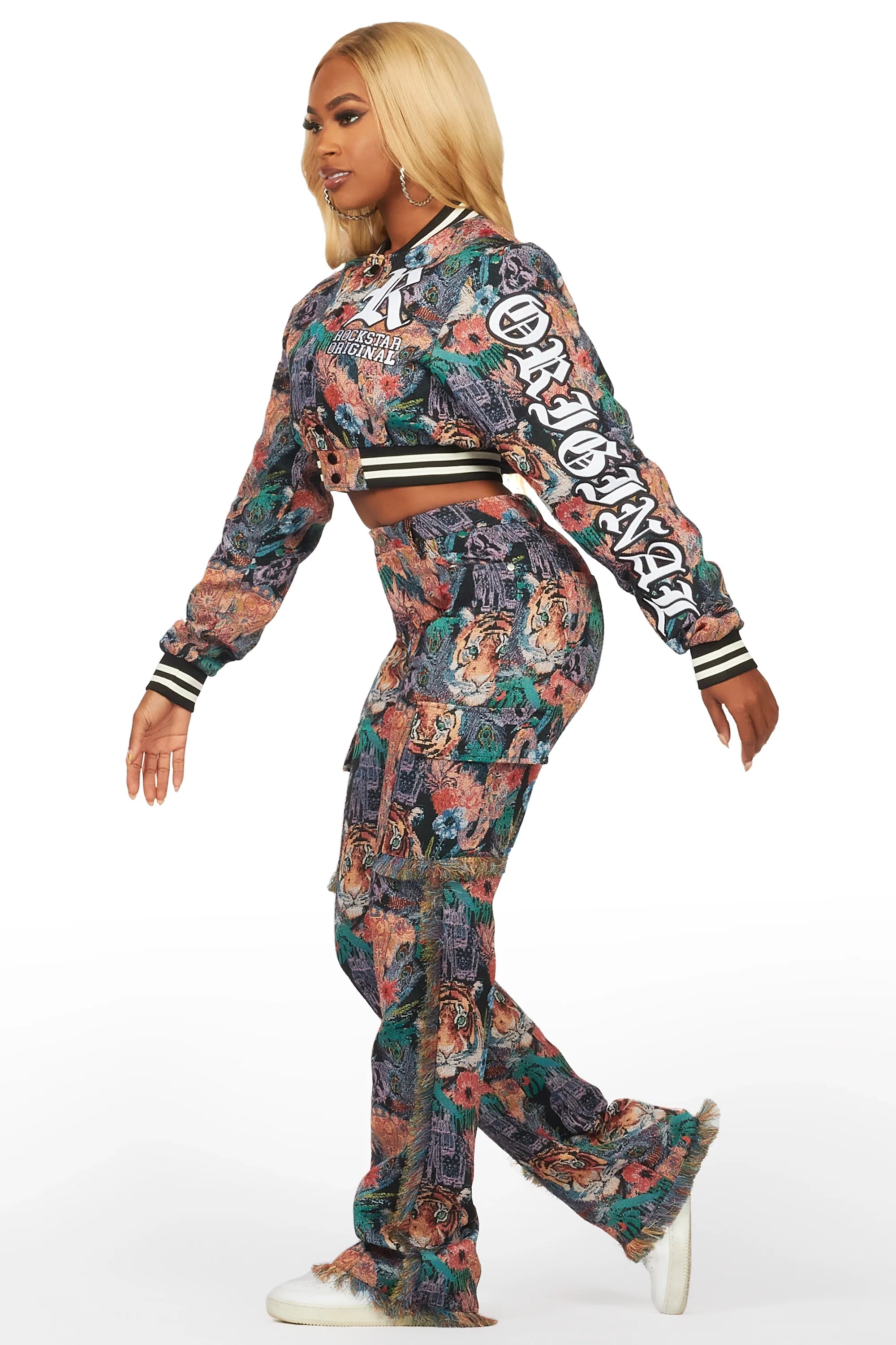 Rena Black Crop Tapestry Varsity Jacket