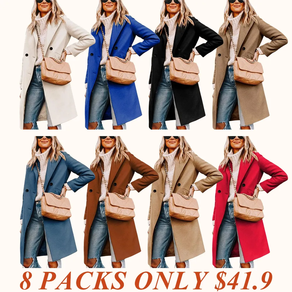 Women's Winter Notch Lapel Double Breasted Wool Blend Mid Long Pea Trench Coat