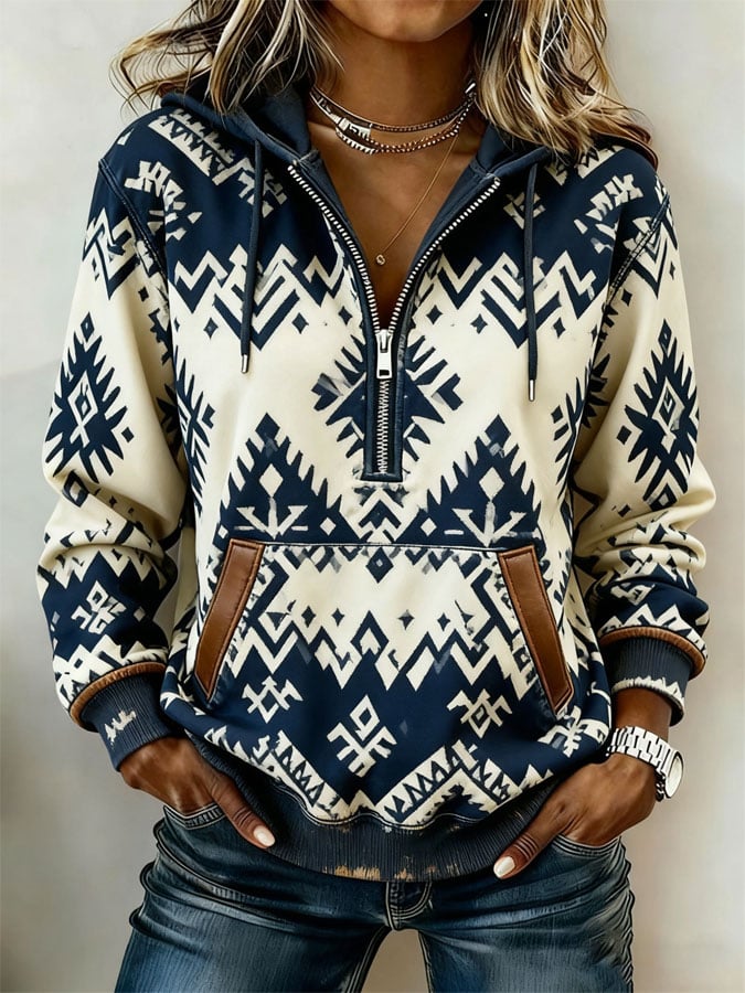 Women's Casual Retro Western Print Zip-Up Sweatshirt