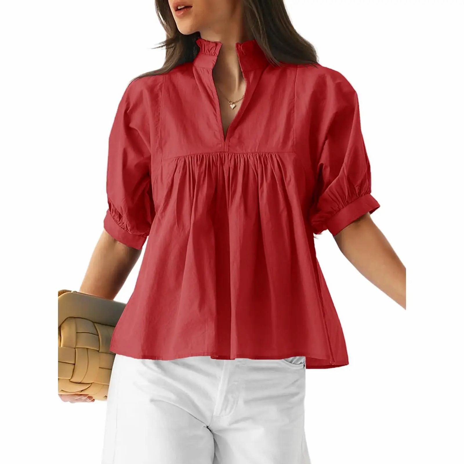 Women's V Neck Puff Sleeve Blouse – Babydoll Peplum Loose Fit Top