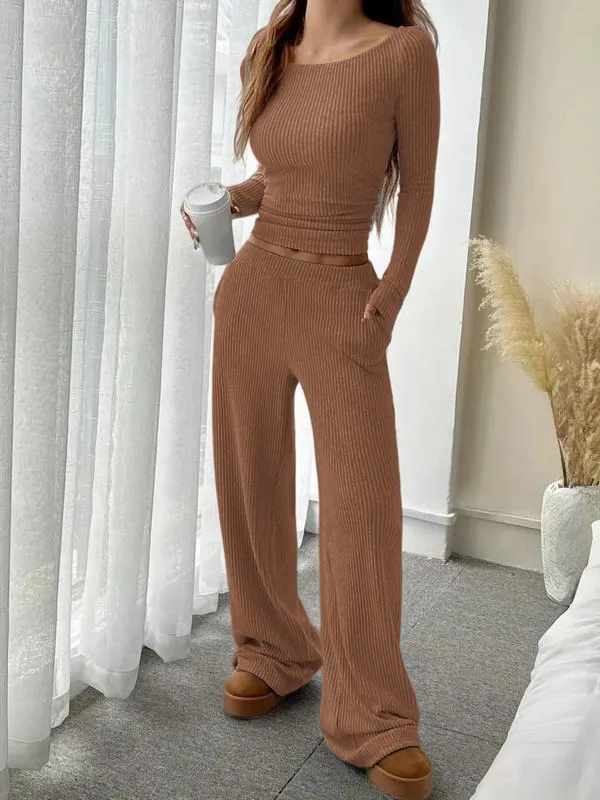 Women's Casual Striped Long Sleeve Top & Loose Pocket Pants Set