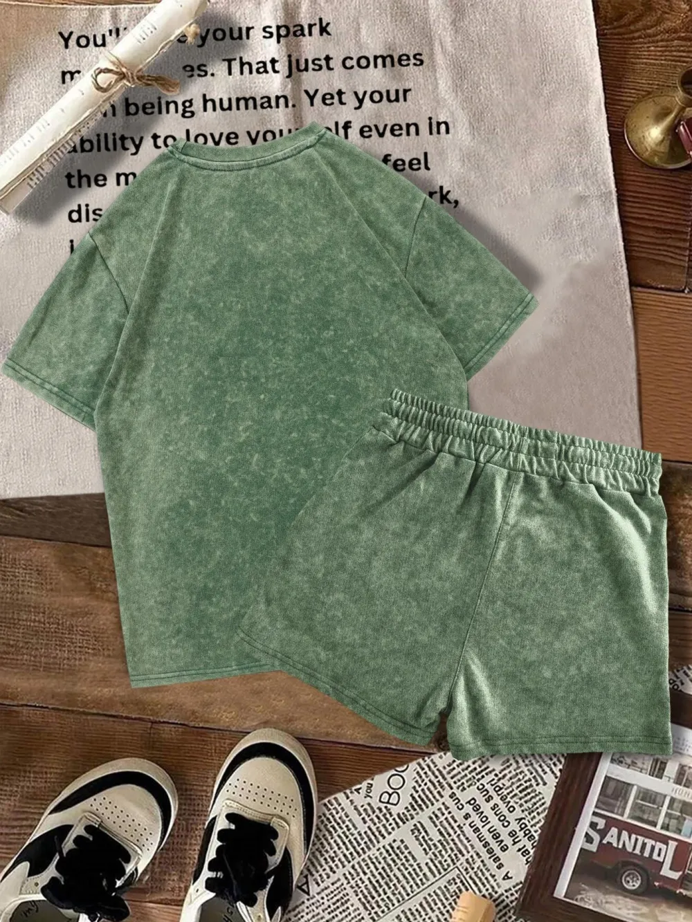 Two-piece Set Women's Solid Color Denim-effect Print Tee & Shorts