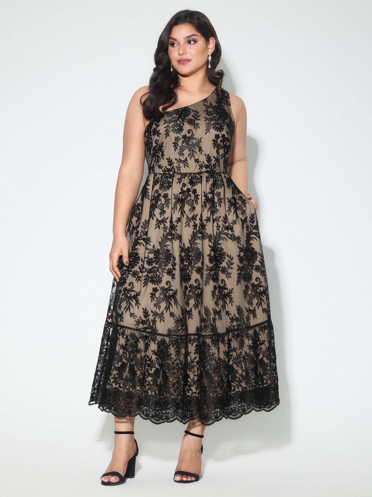 Floral One-Shoulder Waist-Defining Maxi Dress