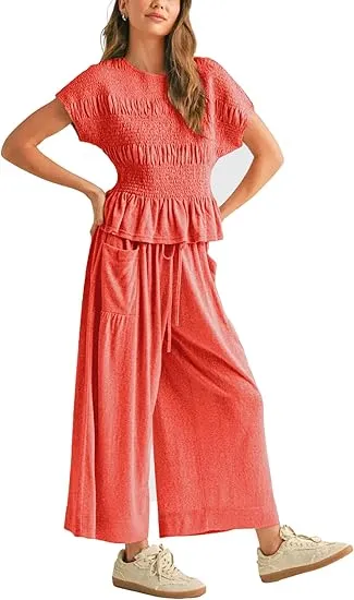 Womens 2 Piece Smocked Top Wide-Leg Pants Set