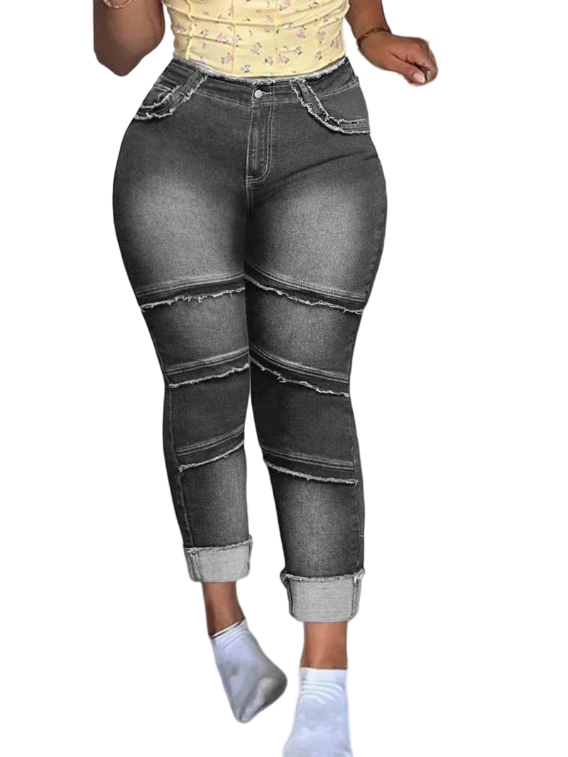 Raw Hem High-Waisted Denim Jeans with Pockets