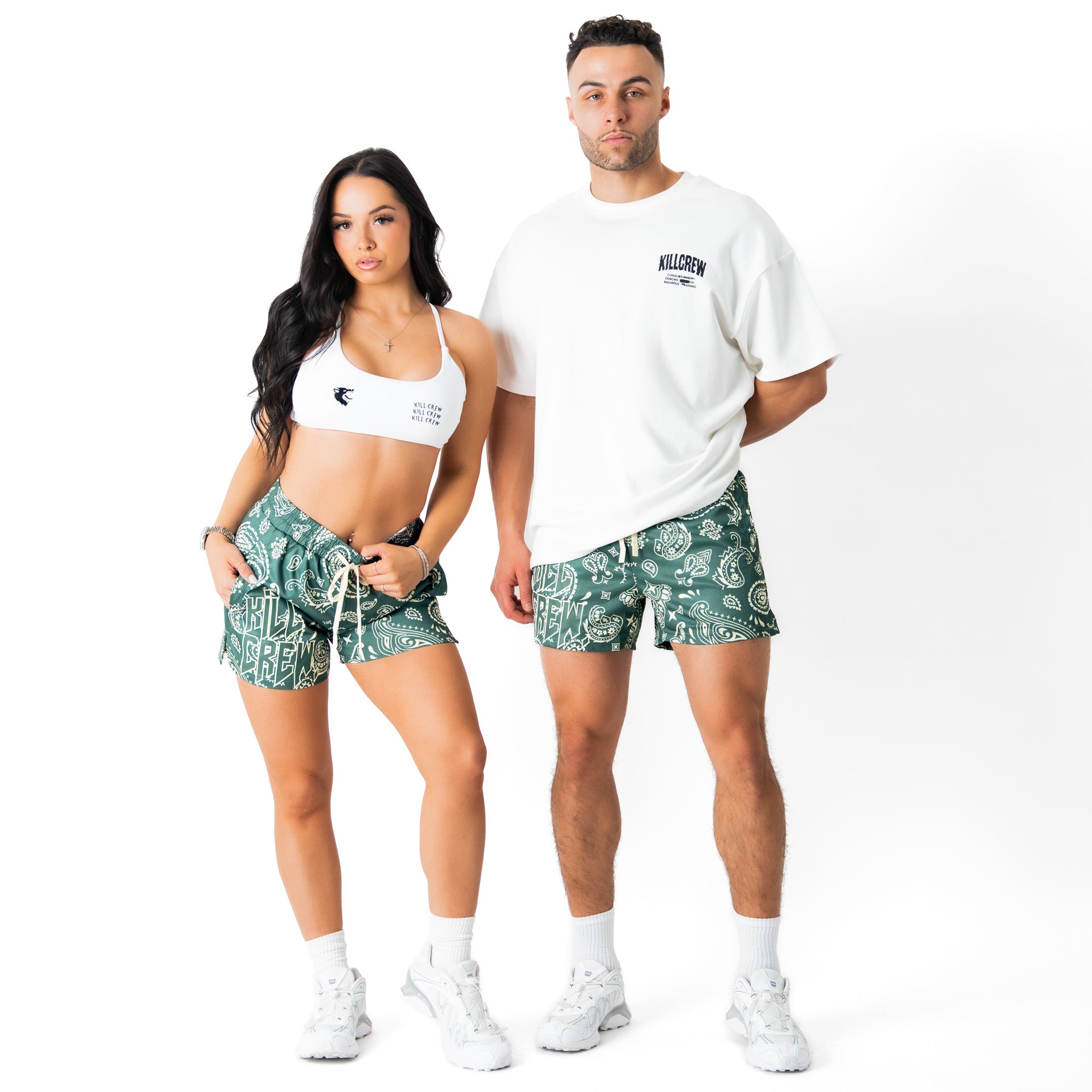 MUAY THAI SHORTS (MID THIGH CUT) BANDANA - GREEN / CREAM