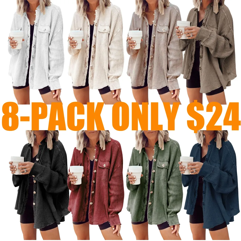 Women's Loose Fit Batwing Sleeve Waffle Knit Button Down Shirt Shacket Tops