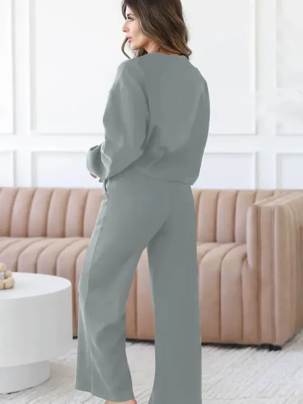 Women's Spring Fall Relaxed Fit 2-Piece Lounge Set | Long Sleeve Top & Wide Leg Pants