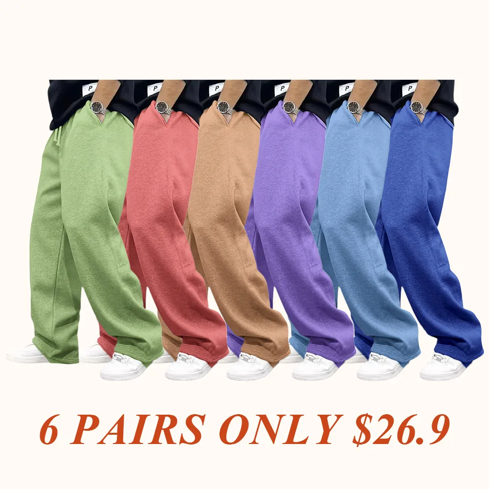 Men's Casual Fashionable Versatile Trendy New Plain Simple Drawstring Wide-Leg Long Pants