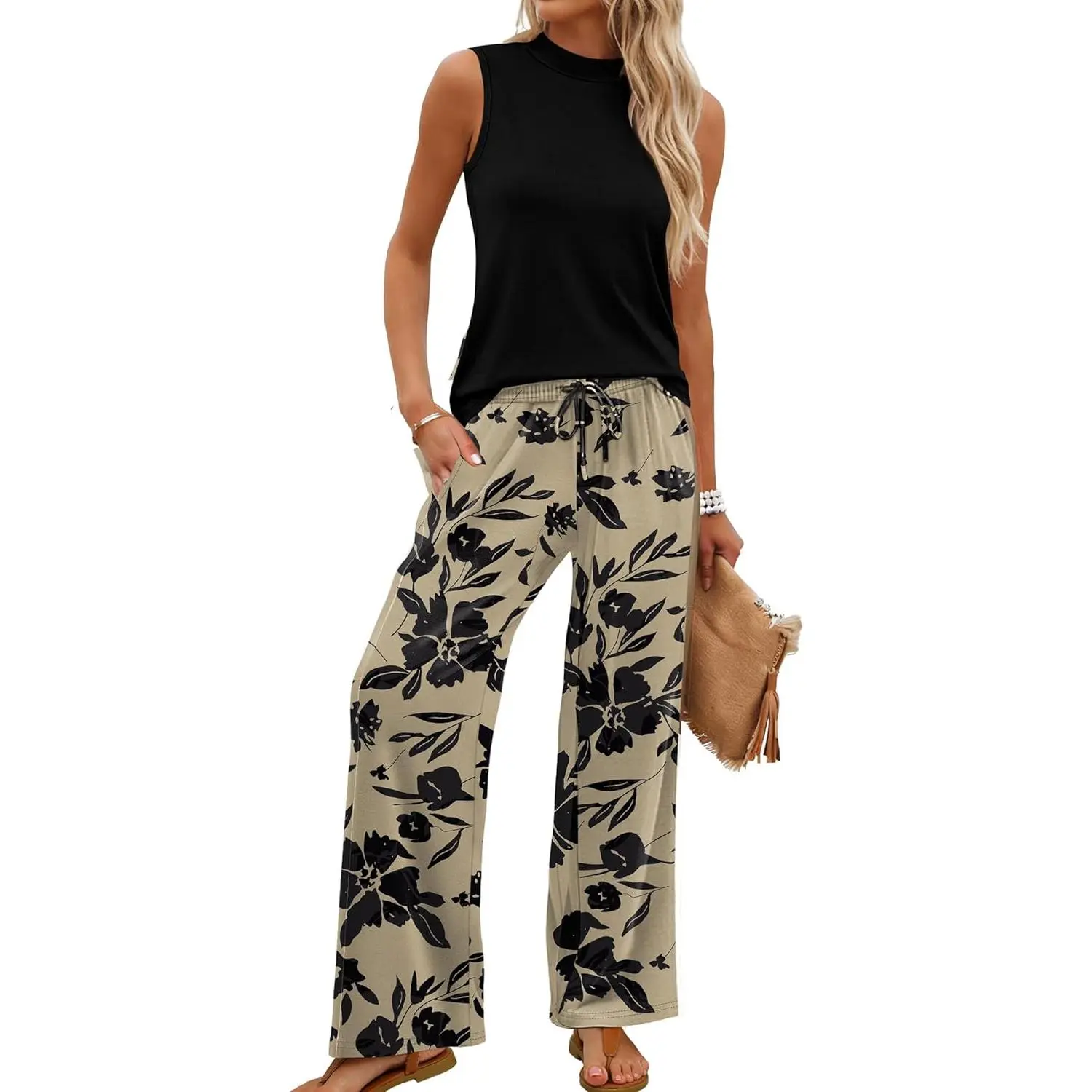 Two Piece Set for Women Summer Spring Outfits Cruise Travel Airport Beach Vacation Mock Neck Wide Leg Pants Set