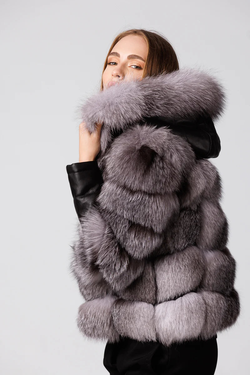 Haină din Blană Naturală de Vulpe, cu Glugă, Femei, Silver Blue 254