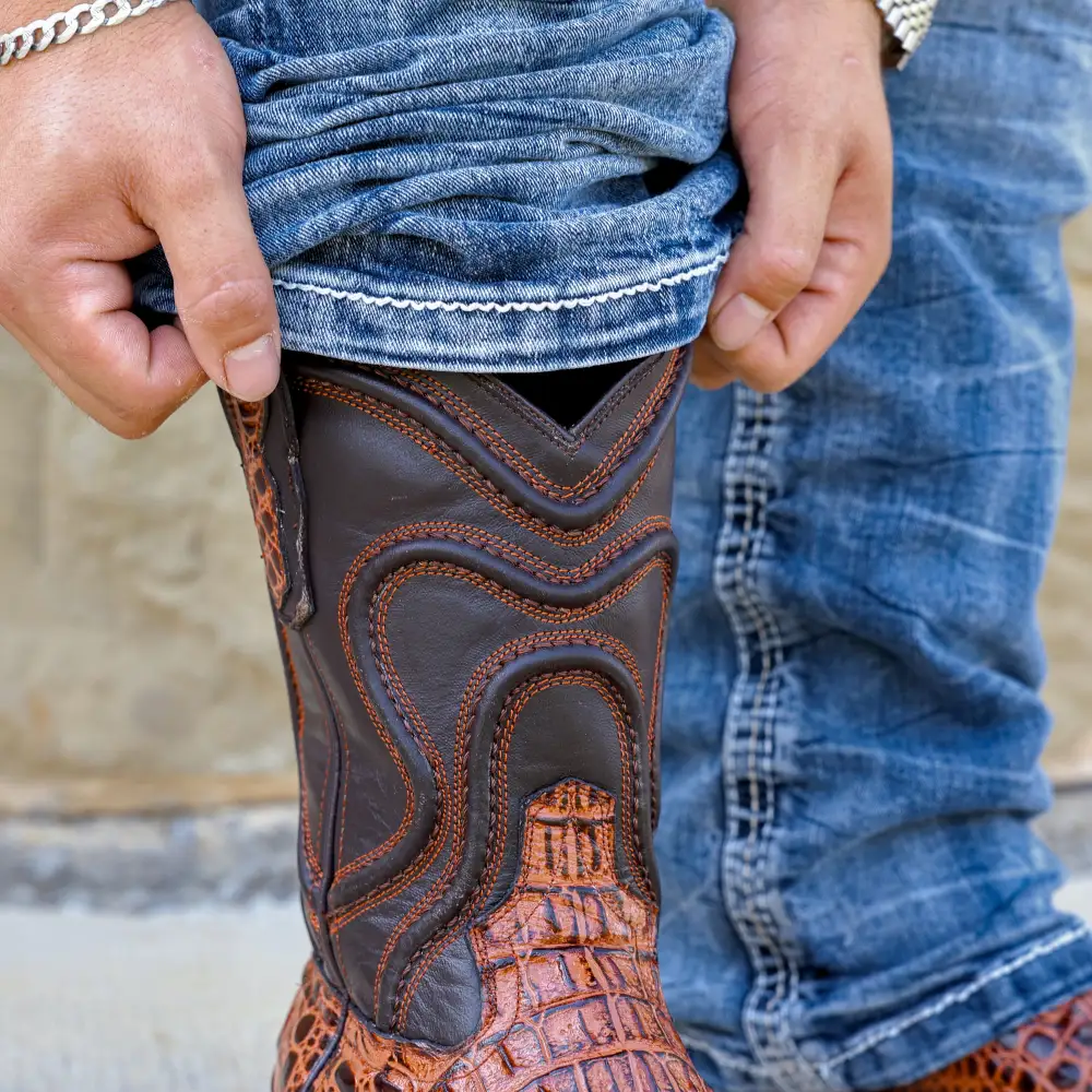 Cognac Caiman Neck Leather Boots - Square Toe