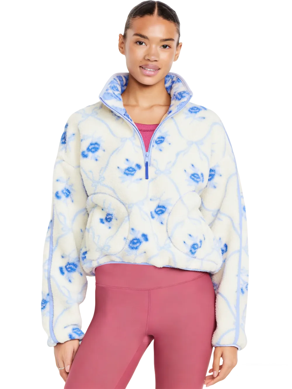 Printed Loose Sherpa Quarter-Zip Pullover