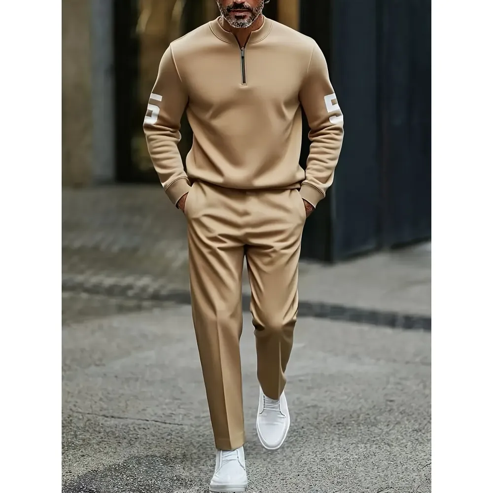 Fashion Stand up Collar Half Zipper Geometric Casual Simple Men's Set