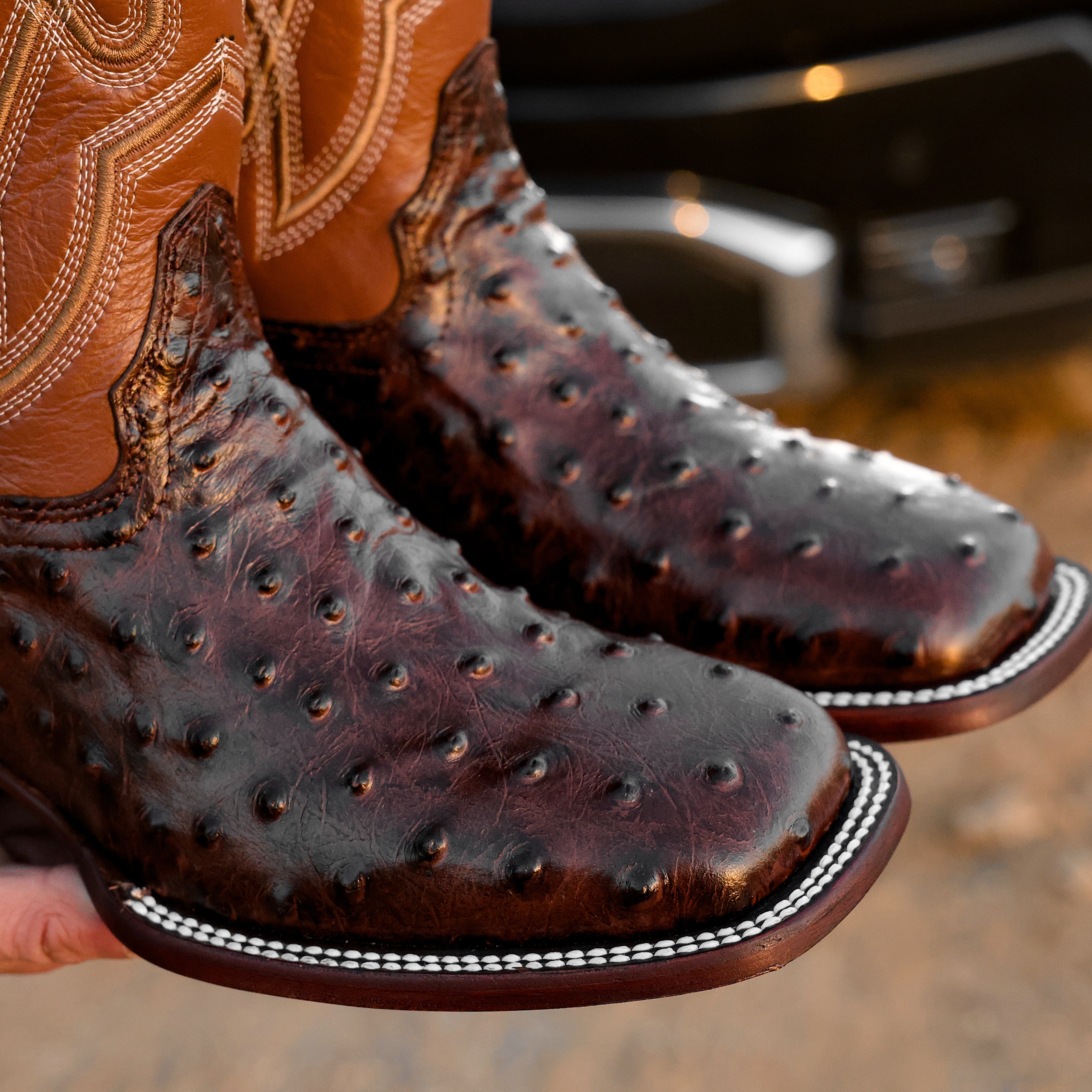 Chocolate Brown Ostrich Leather Boots - Square Toe
