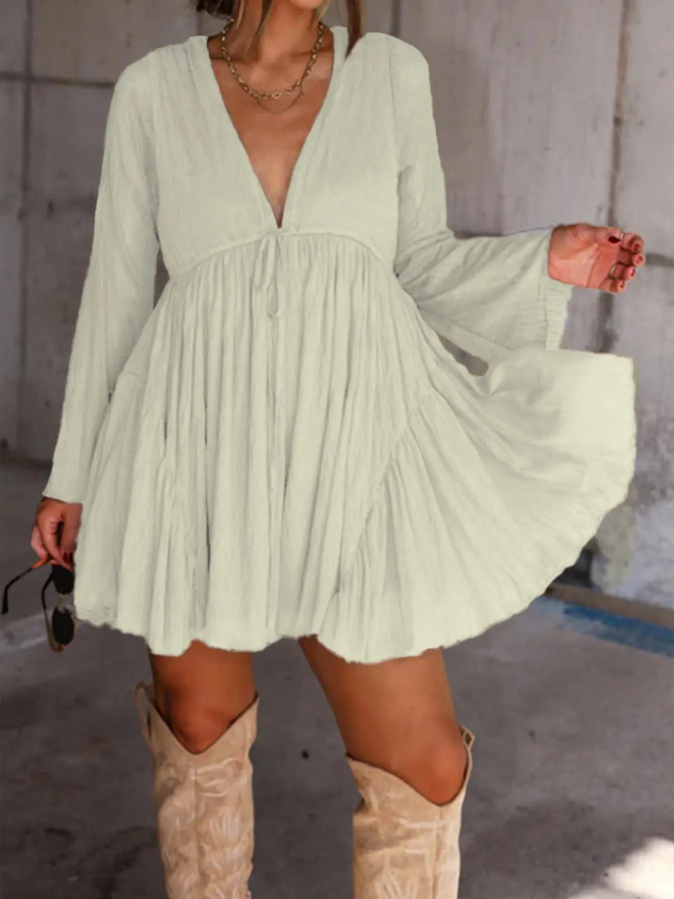 Women's V Neck Long Sleeve Dress with Pants Lining