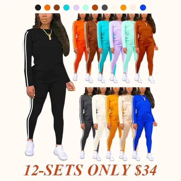 Women's solid color long-sleeved top and pants set