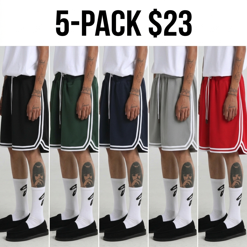 Basketball Shorts - Black & White Tonal Ribbing, 3 Pockets, Wide Leg Opening, True to Size Fit