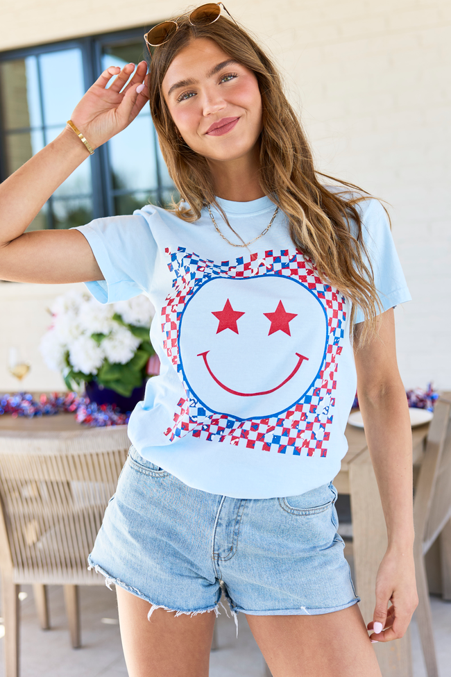 Multi Patriotic Smiley Checkered Light Blue Graphic Tee