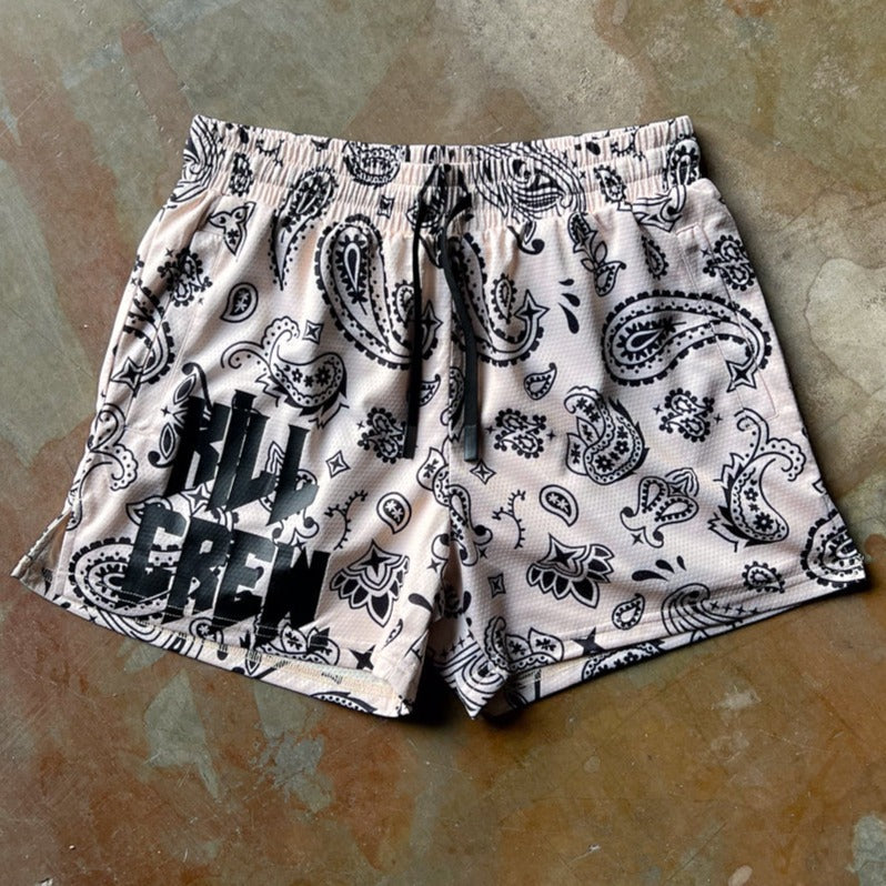 MUAY THAI SHORTS (MID THIGH CUT) BANDANA - CREAM / BLACK