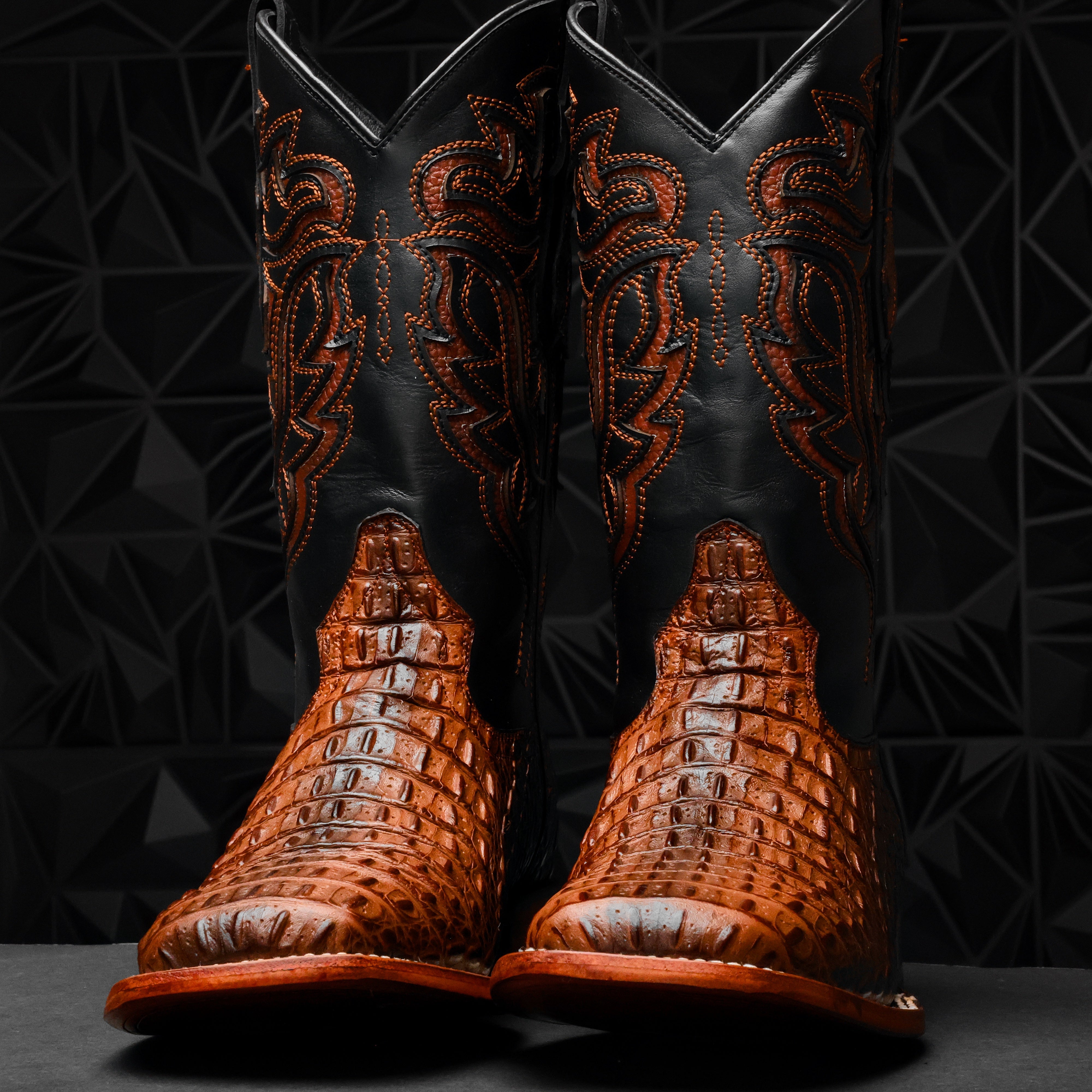 Metallic Cognac Caiman Hornback Leather Boots - Square Toe