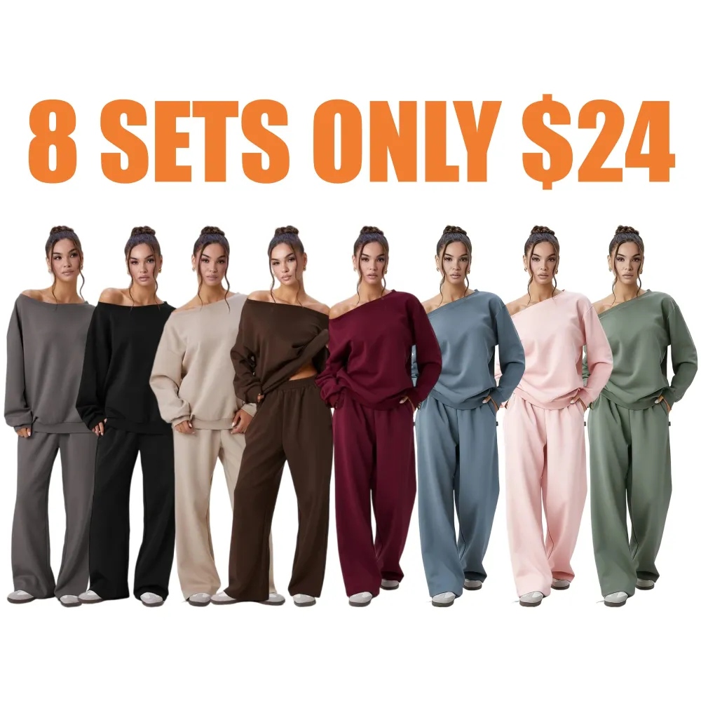 🔥8-PACKS 🔥Women's Leisure Solid Color Sloping Shoulder Long Sleeve Top & Wide Leg Trousers