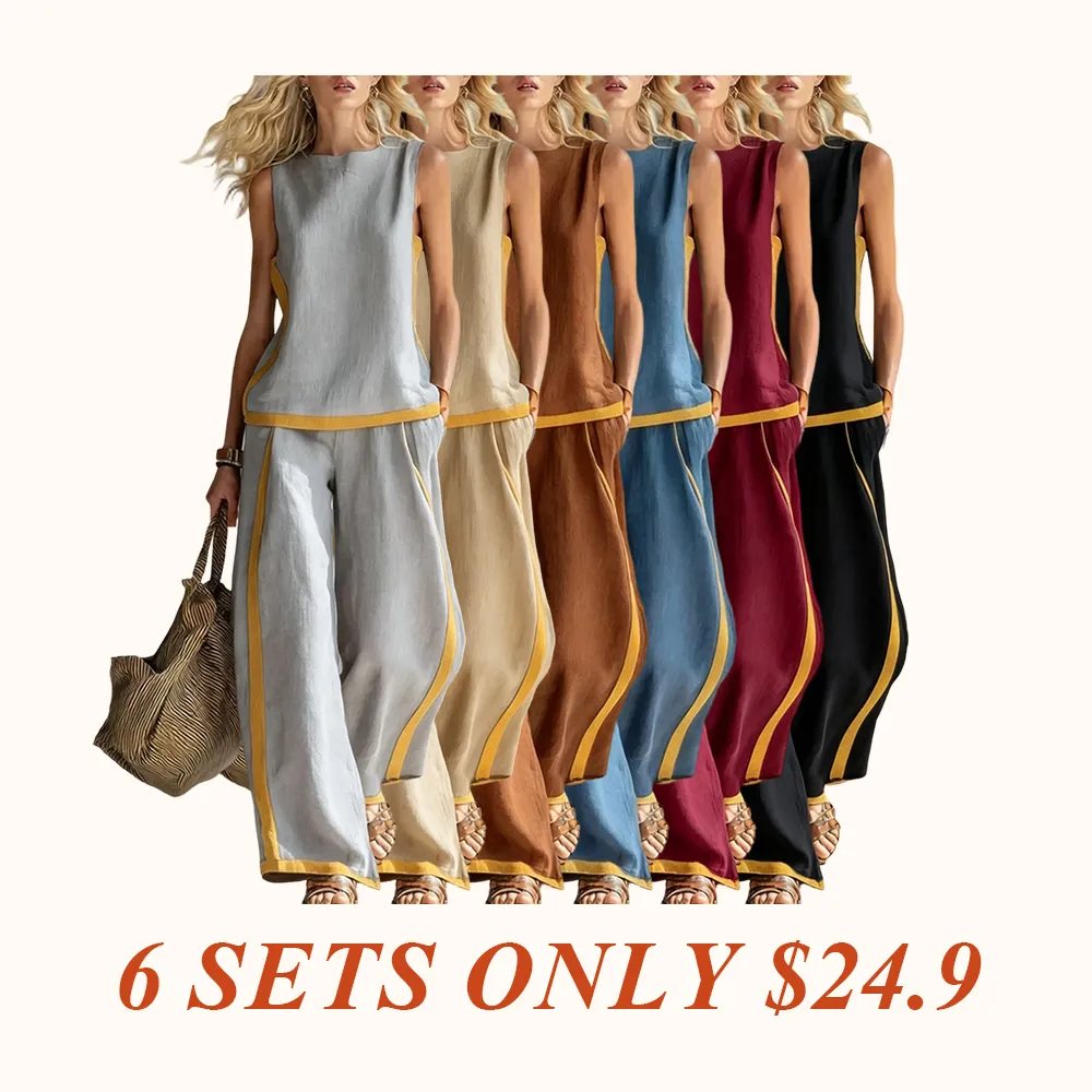 2026 Linen Blend Two Piece Set for Women Sleeveless Color Block Top Wide Leg Pants Set Casual Summer Outfit