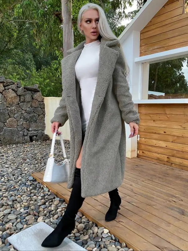 Women Faux Fur Pocket Button Lapel Coat