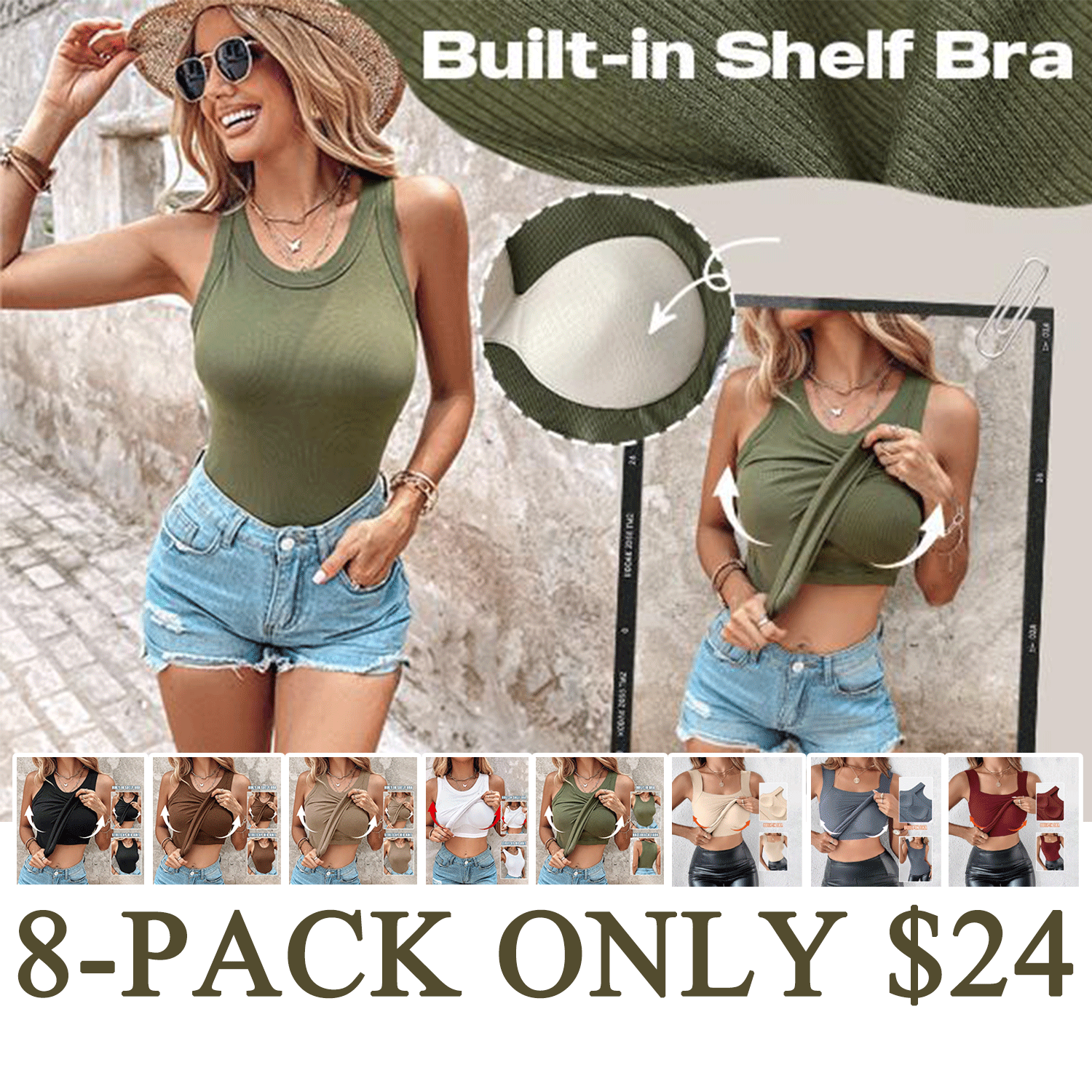 Women’s Ribbed Racerback Tank Top with Built-In Bra