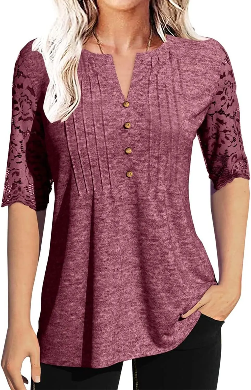 Women's Lace Sleeve Summer T-Shirt V-Neck Botton Up Basic Solid Color Casual Tunic Tops