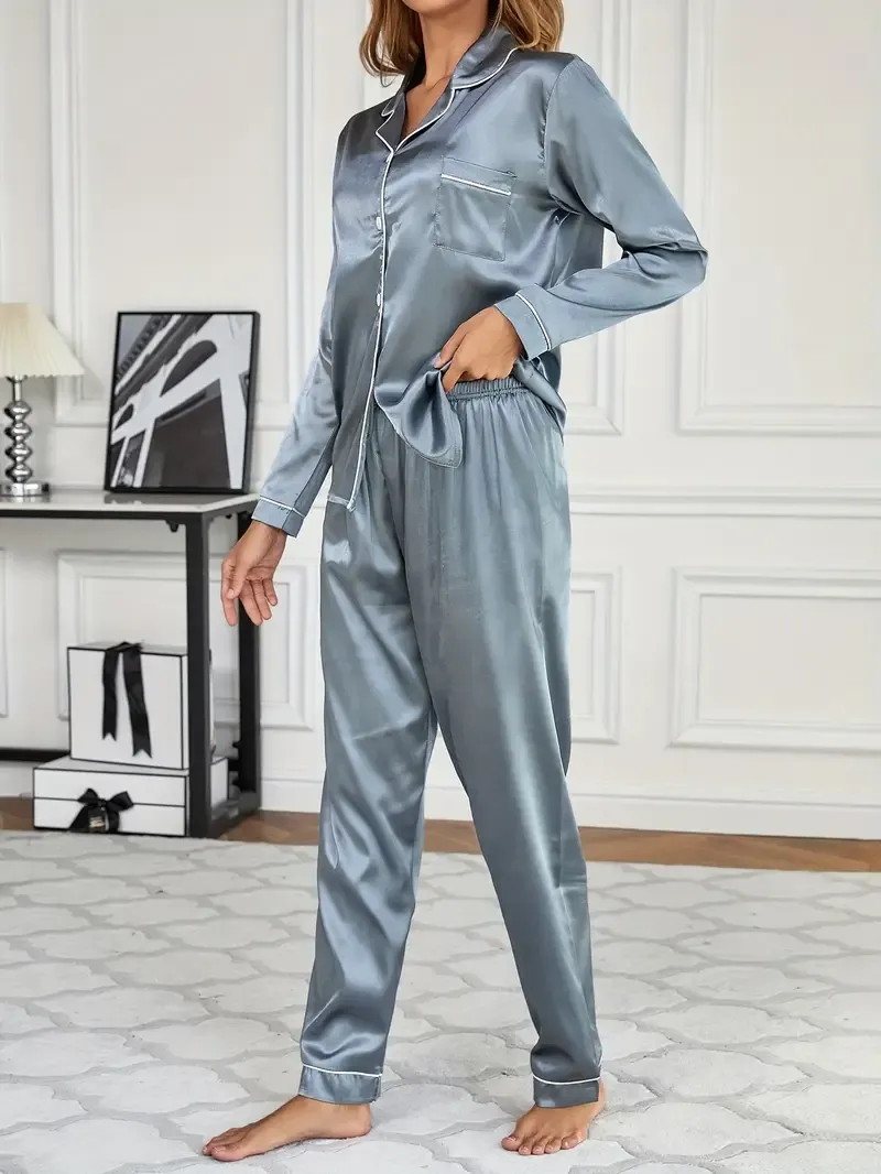 Solid Pajama Set, Long Sleeve Button Up Lapel Top & Pants Pj Set - Women's Sleepwear & Loungewear
