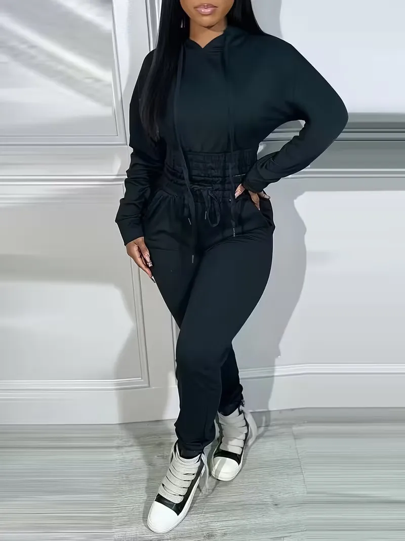 Womens 2 Piece Outfits Lounge Hoodie Shirred Waist Pocket Design Sweatshirt