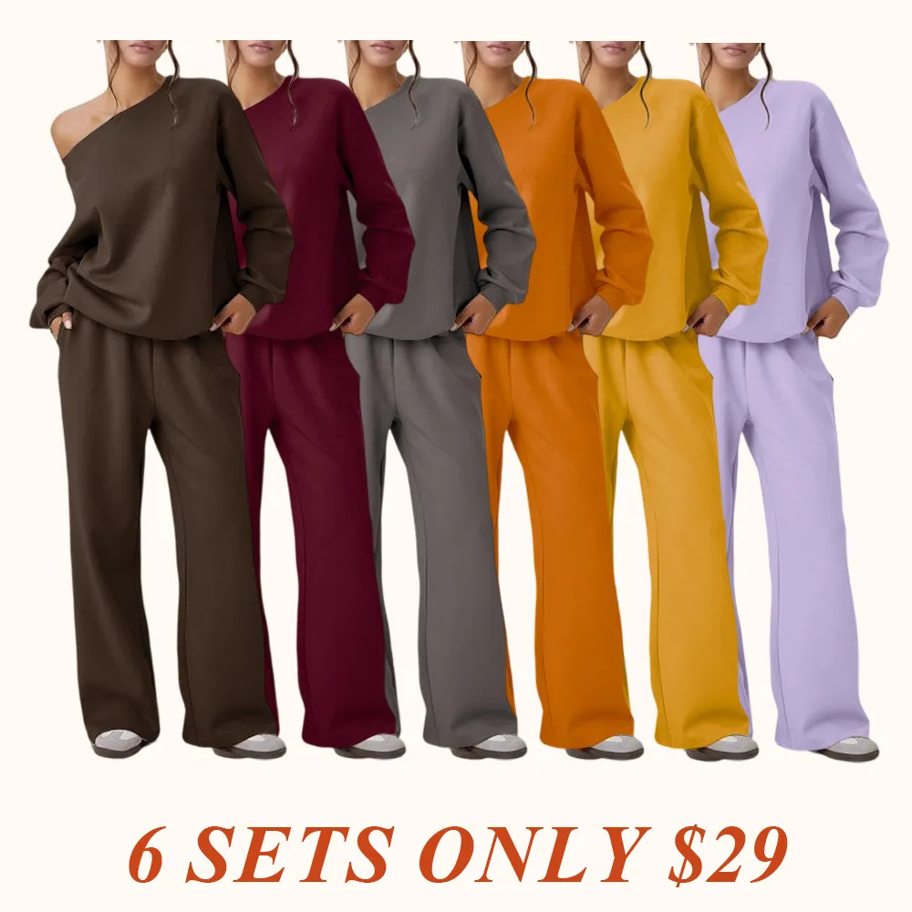 Women's Leisure Solid Color Sloping Shoulder Long Sleeve Top & Wide Leg Trousers Co-ord