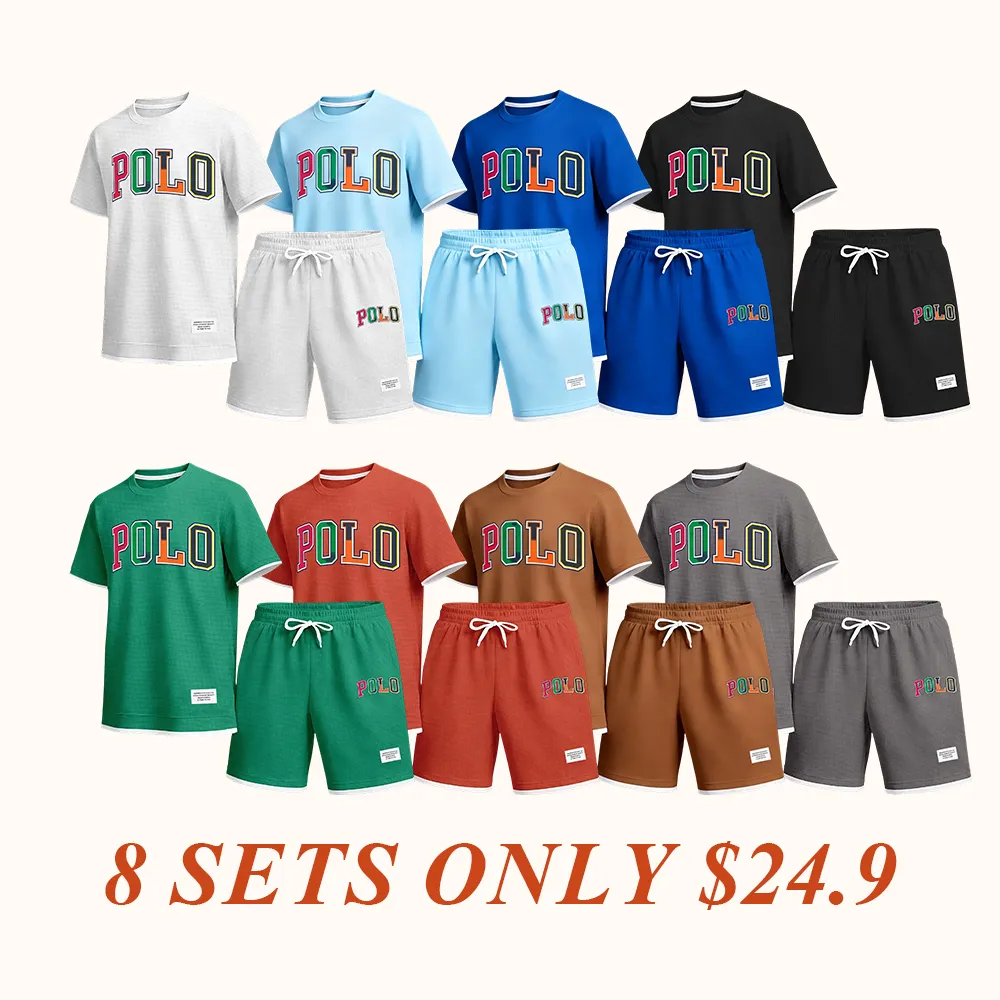 Men's Polo Print Drawstring Shorts Set For Spring/Summer. A Casual Summer Outfit, Including A Short-Sleeved Shirt And Shorts