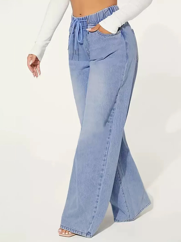 Drawstring Elasticity Split-Joint High Waisted Loose Jean Pants Bottoms