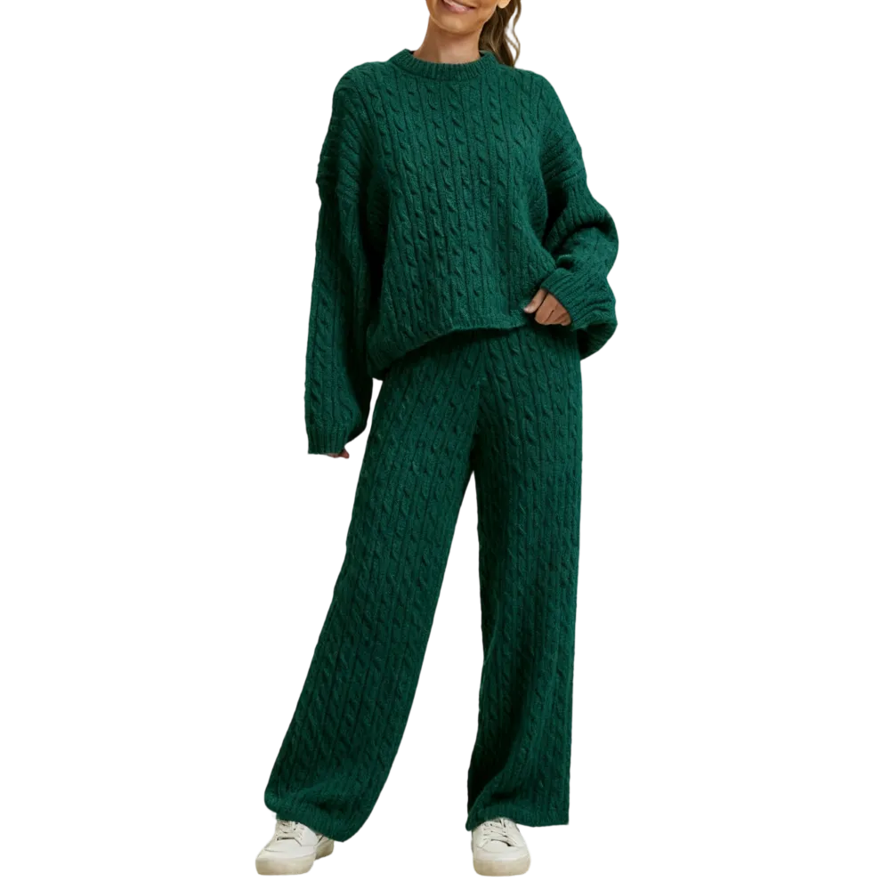 Women's Cable Knit Lounge Set - Long Sleeve Pullover & Wide Leg Pants