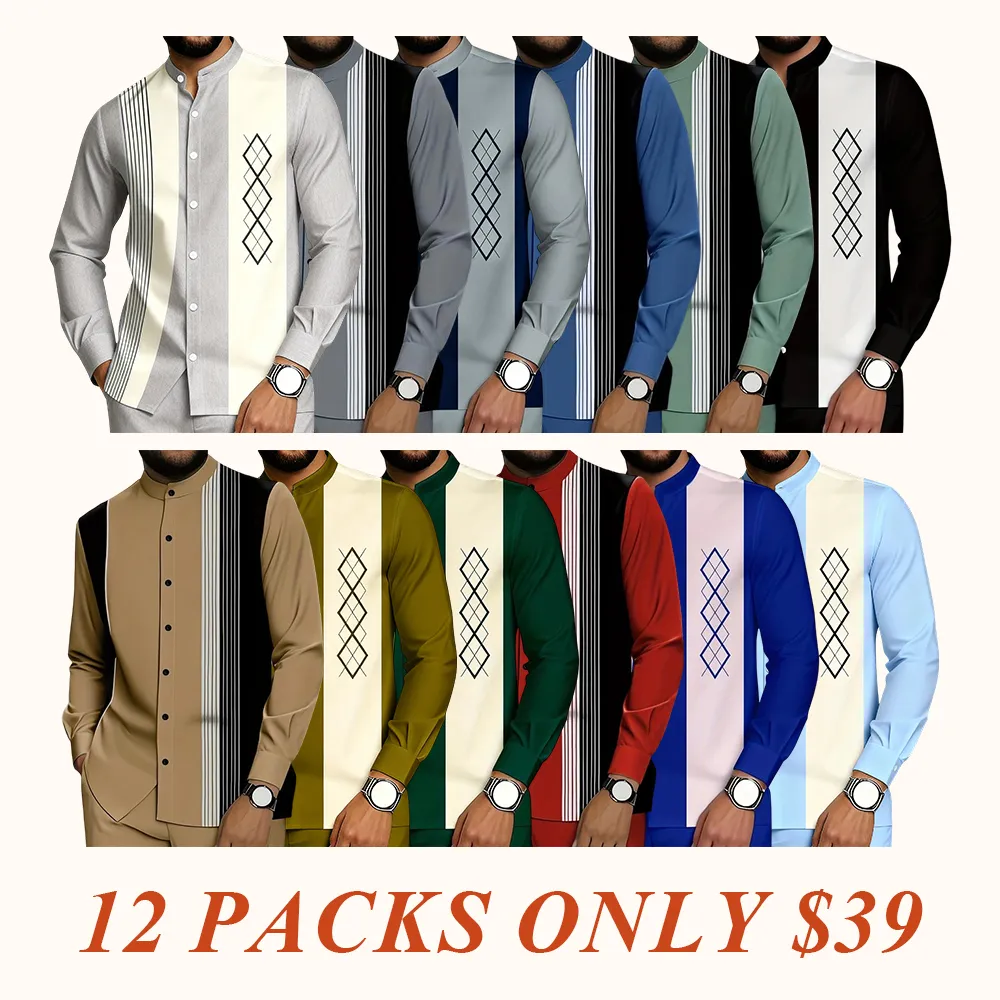 2 piece men's black and white vertical stripe graphic printed button up collar top and drawstring waist casual pants