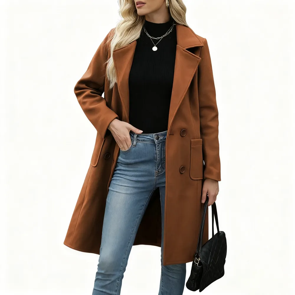 Women Winter Wool Blend Camel Mid-Long Coat