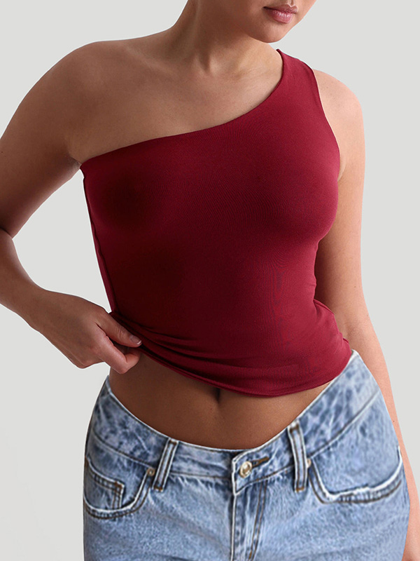 Solid Color Skinny Sleeveless One-Shoulder Vest Top