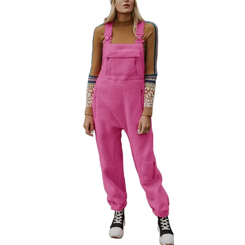 Women's Fleece Warm Overalls Winter Loose Casual Jumpsuits with Pockets
