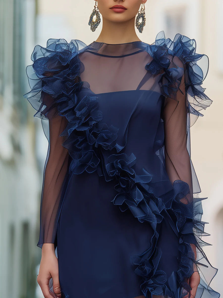 Midnight Blue Organza Ruffle Mini Dress